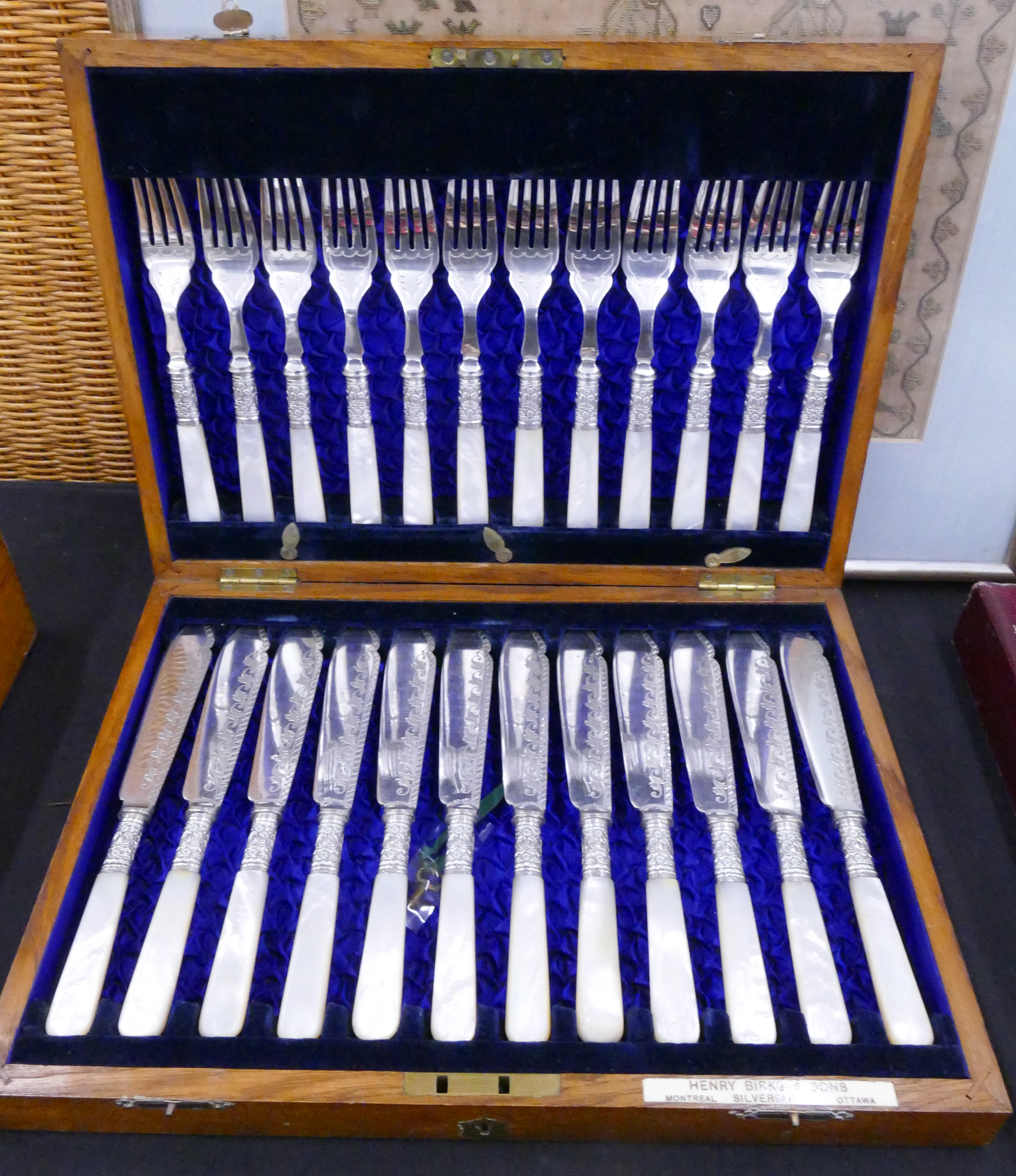 Appraisal: English MOP Handled Fork Knife Set in Case- ''