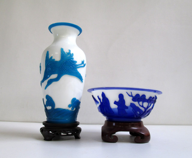 Appraisal: CARVED PEKING CAMEO GLASS VASE AND BOWL two pieces raised