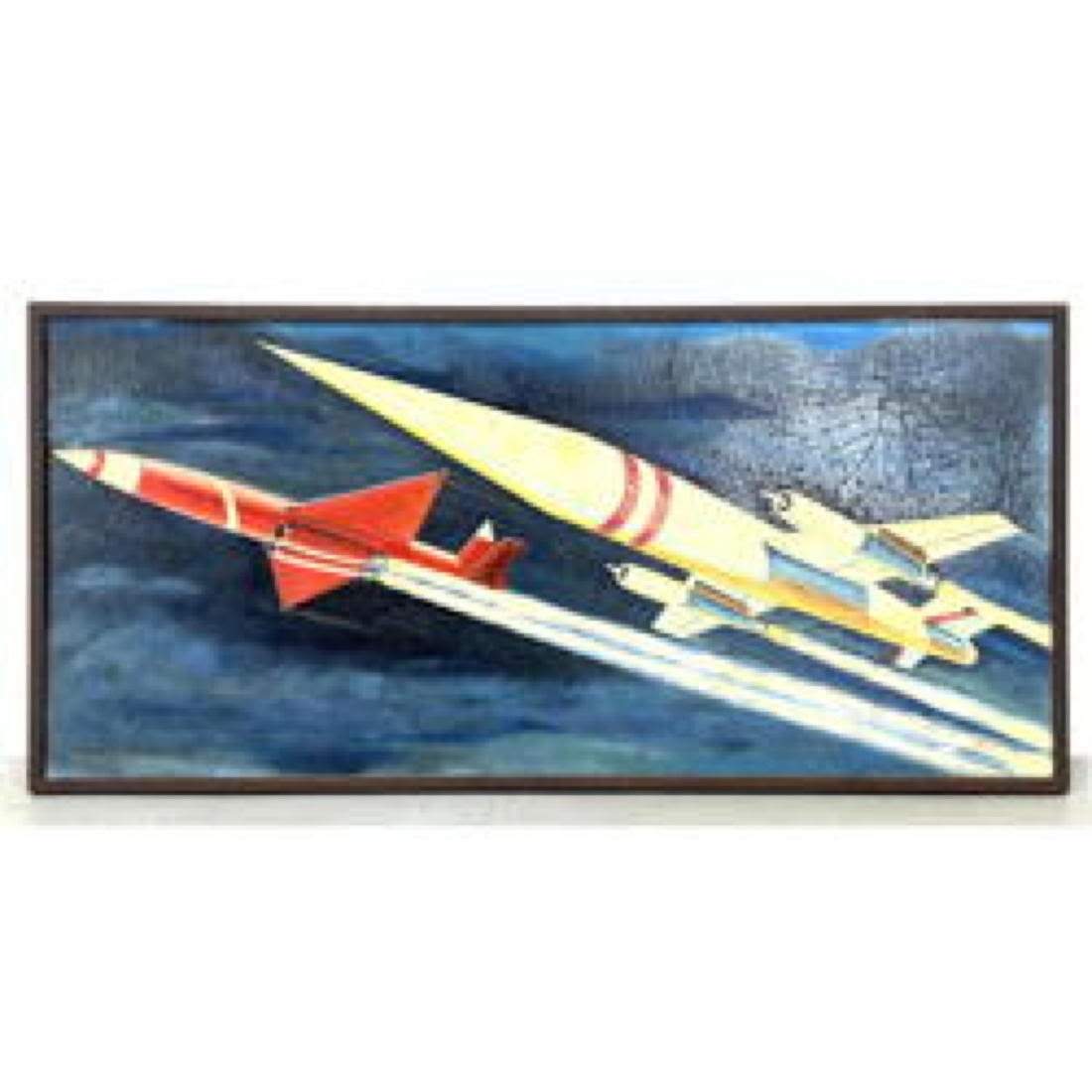 Appraisal: HERTIG Painting on Board of Futuristic Jets Dimensions H inches