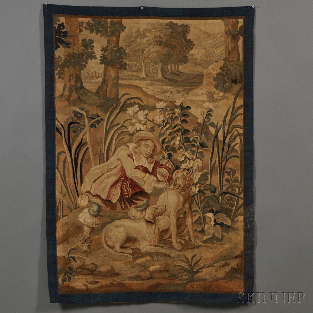 Appraisal: Tapestry Fragment Depicting a Man with Hounds Belgium th th