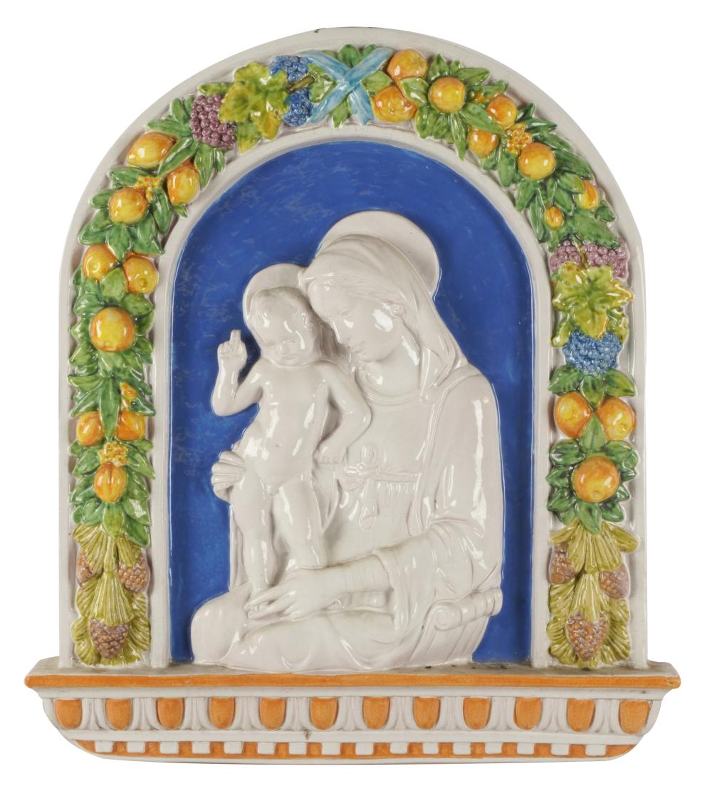 Appraisal: DELLA ROBIA-STYLE GLAZED CERAMIC PLAQUEunsigned depicting Virgin and child Condition