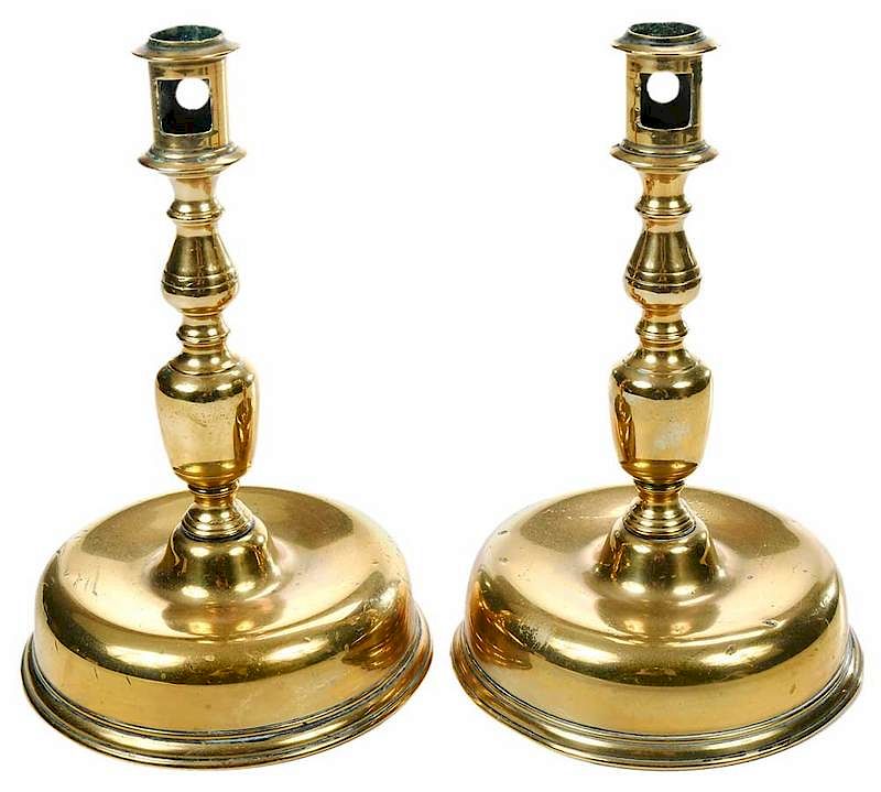 Appraisal: A Very Fine Pair Early Brass Candlesticks Continental possibly Spanish