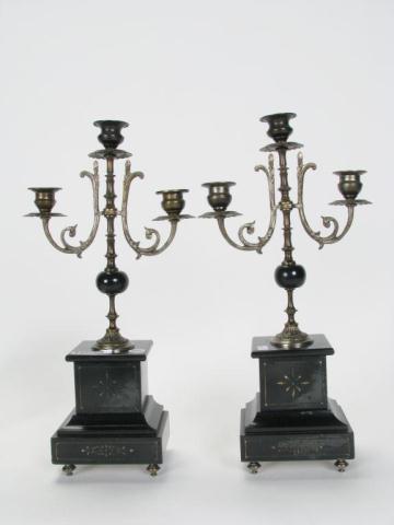 Appraisal: Pair of Ebonized Three Branch Candelabrum '' high with incised