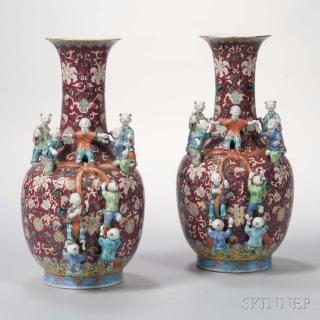 Appraisal: Pair of Famille Rose Figural Vases Pair of Famille Rose