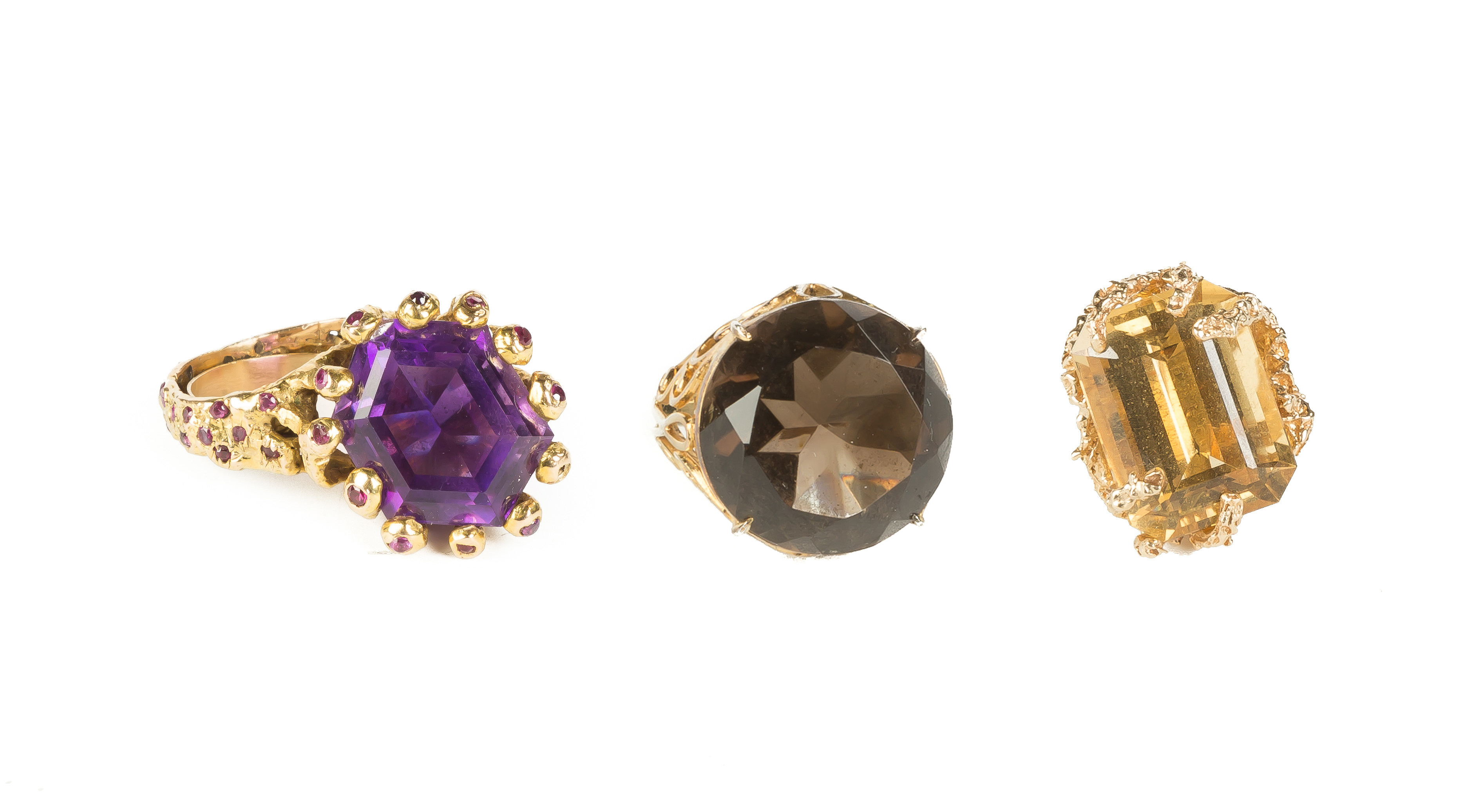 Appraisal: Three Vintage Rings Vintage modernist K gold amethyst and ruby