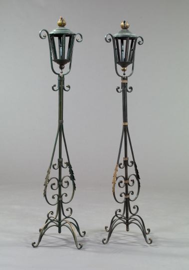 Appraisal: Pair of Spanish-Style Wrought-Iron Torchere Lanterns each with an acanthus