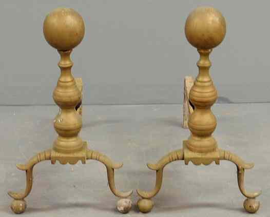 Appraisal: Pair of brass ball-top andirons th c with log stops