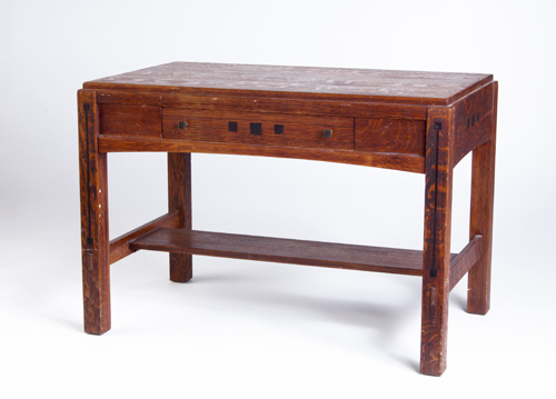 Appraisal: LIMBERT Ebon-oak library table with geometric inlay and square copper