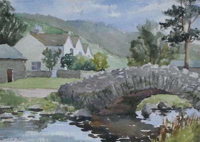 Appraisal: Monica Barry th Century Stone bridge by a cottage Signed