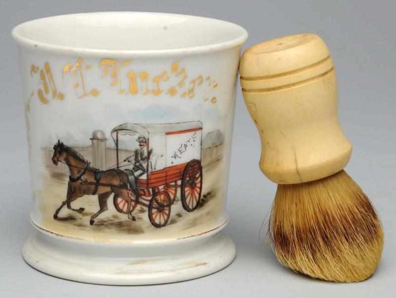 Appraisal: Horse-Dawn Meat Wagon Shaving Mug Gilt name J C Tucker