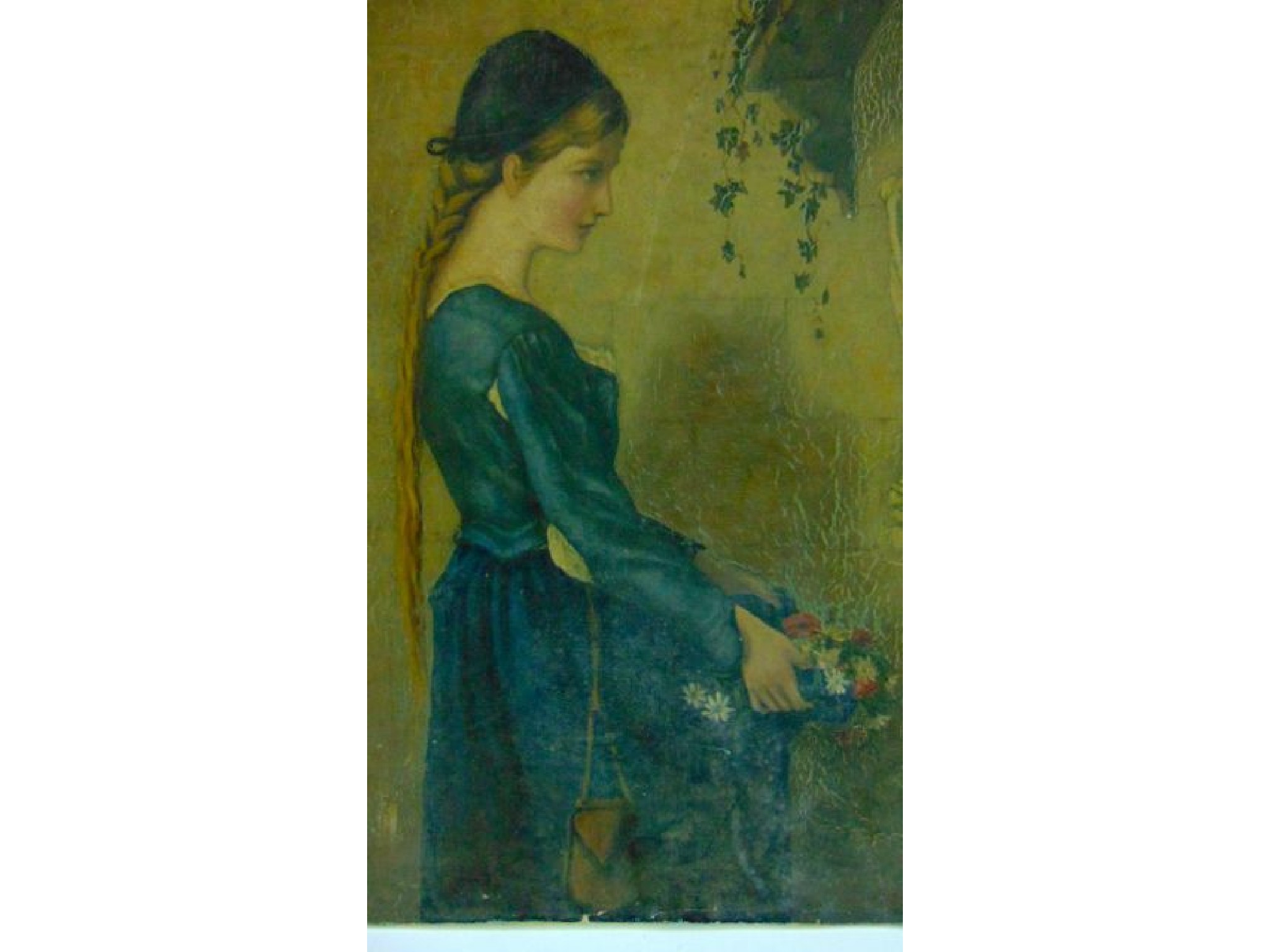 Appraisal: A pre-Raphaelite school study young girl with plaited hair holding