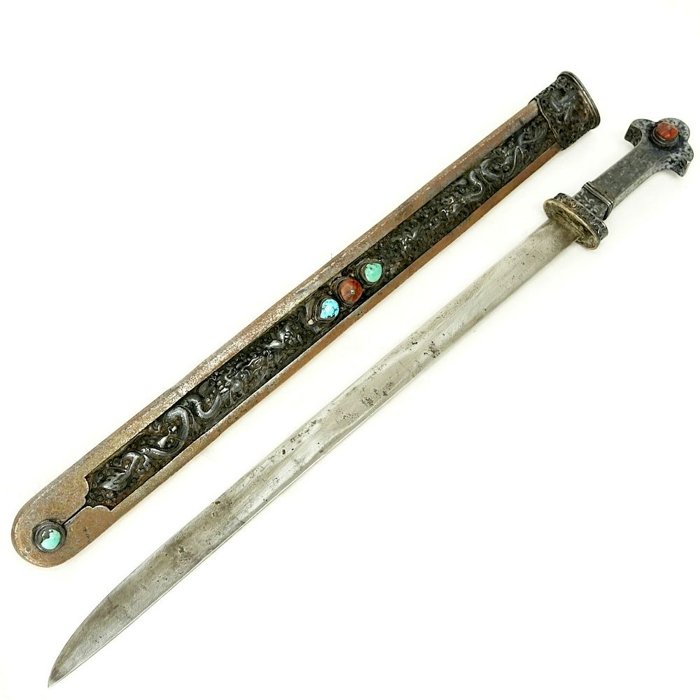 Appraisal: Antique Tibetan Silver and Gemstone Mounted Sword Antique th Century