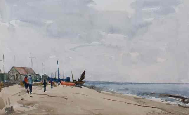 Appraisal: EDWARD WESSON - Figures and boats on a beach signed