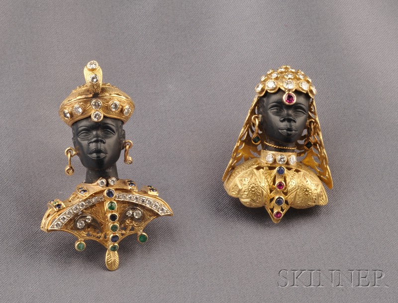 Appraisal: Pair of kt Gold Onyx and Gem-set Blackamoor Brooches each