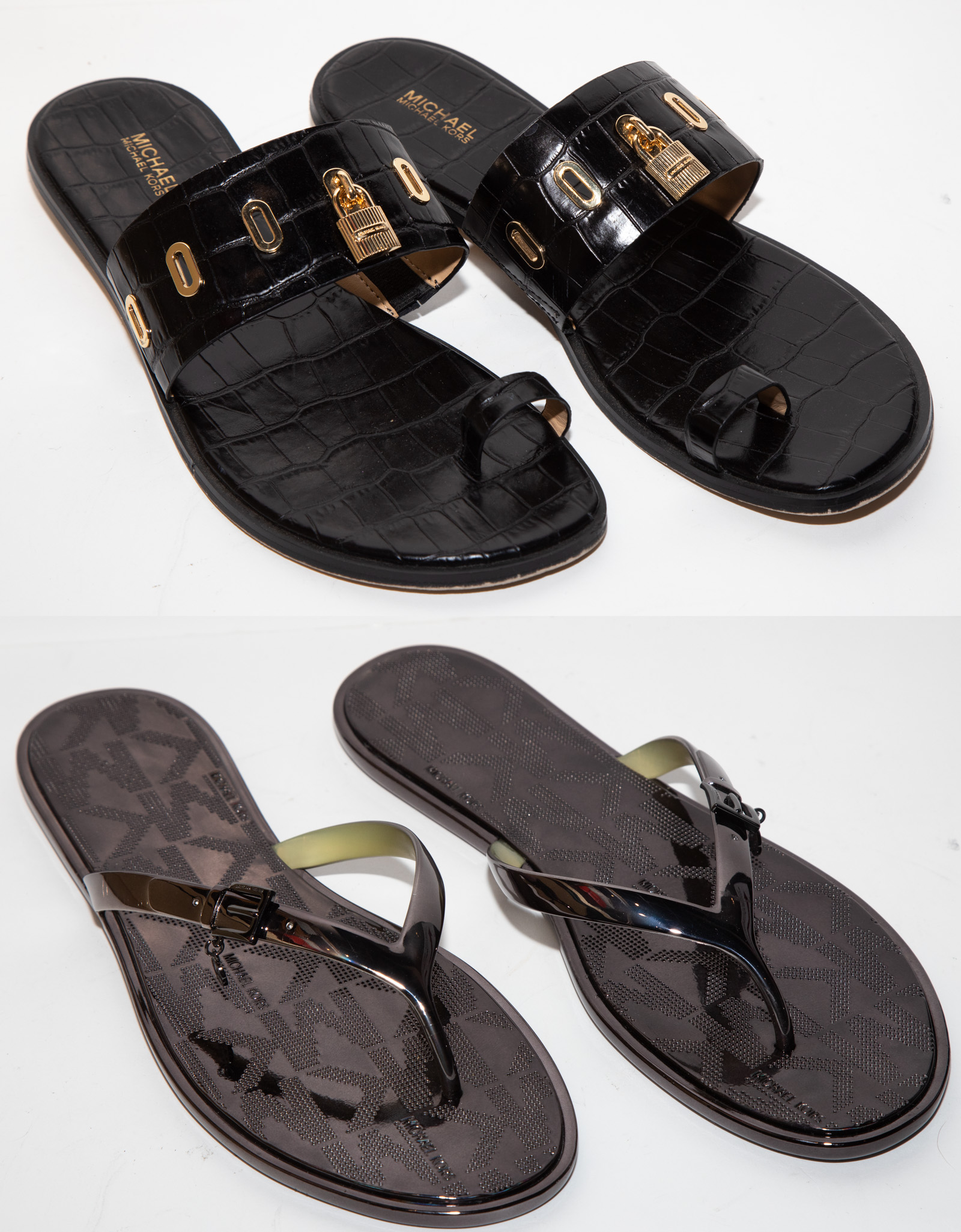 Appraisal: TWO PAIRS MICHAEL KORS SANDALS including metallic Emory flip flop