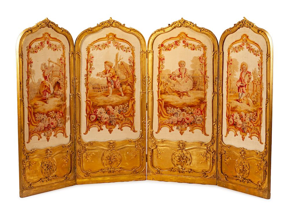 Appraisal: An Aubusson Tapestry-Upholstered Four-Panel Floor Screen An Aubusson Tapestry-Upholstered Four-Panel