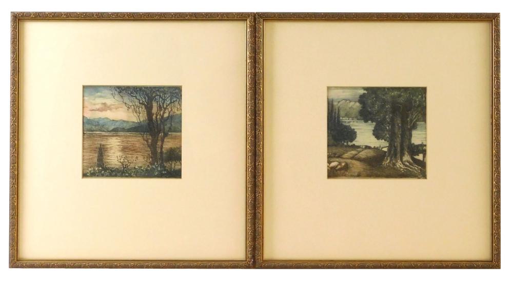 Appraisal: Two color drawings on fabric both landscapes with water and