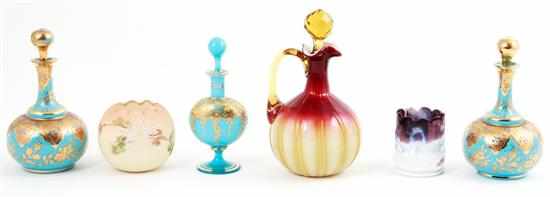 Appraisal: American glass scent bottles pitcher and vases gilt turquoise opaline