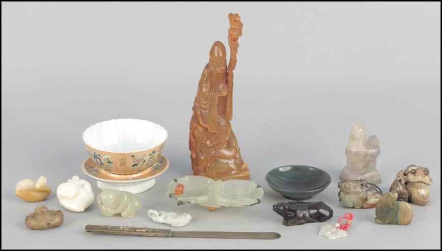 Appraisal: CHINESE CARVED STONE INKSTAND Together with various stone and quartz