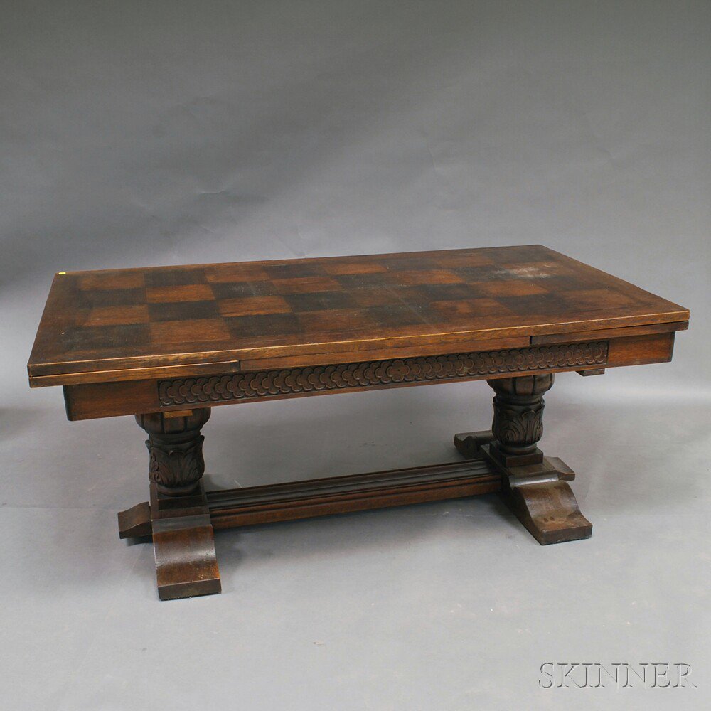 Appraisal: Baroque-style Oak Parquetry Draw-leaf Trestle Dining Table the apron with