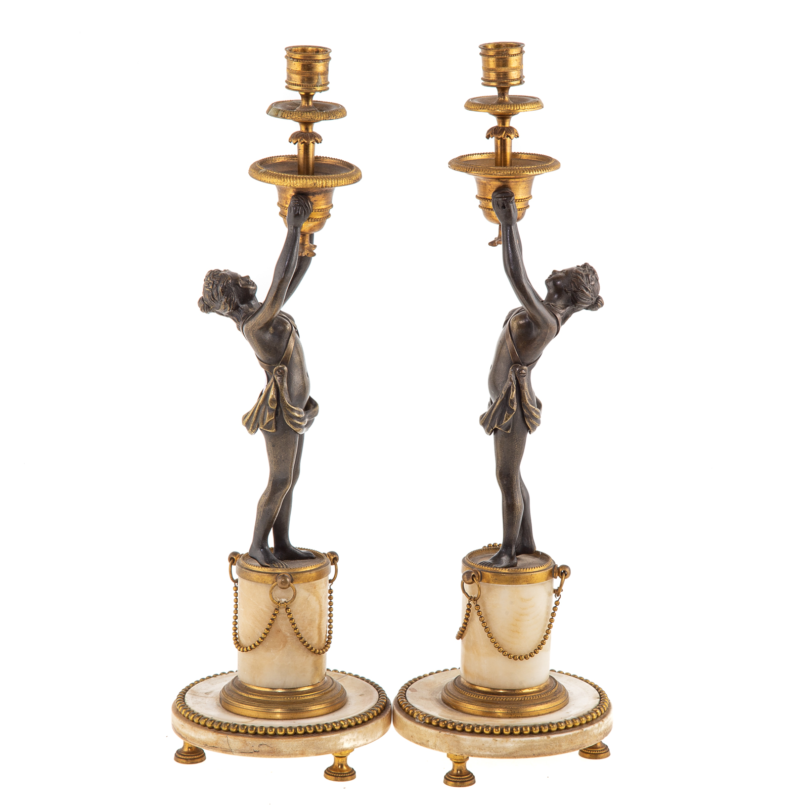 Appraisal: PAIR FRENCH BRONZE MARBLE FIGURAL CANDLESTICKS Circa - patinated bronze