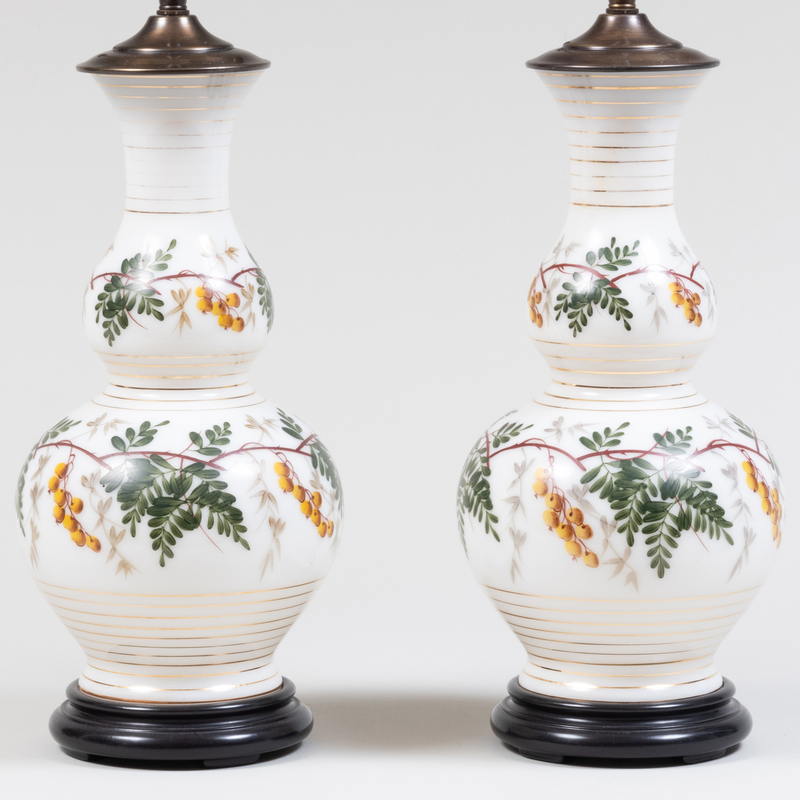 Appraisal: Pair of Painted Chinoiserie Glass Oil Lamps Mounted as Table