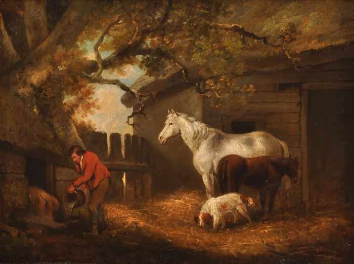 Appraisal: AFTER GEORGE MORLAND BARNYARD SCENE Oil on canvas relined x