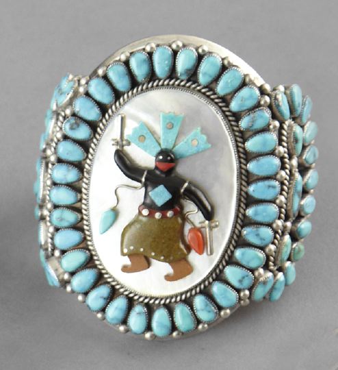 Appraisal: Magnificent Zuni Silver and Turquoise Cuff Bracelet having a central