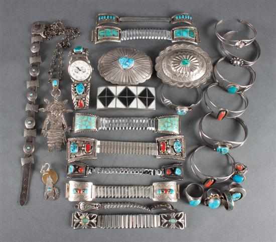 Appraisal: Assorted silver turquoise coral and miscellaneous hardstone jewelry including bangles