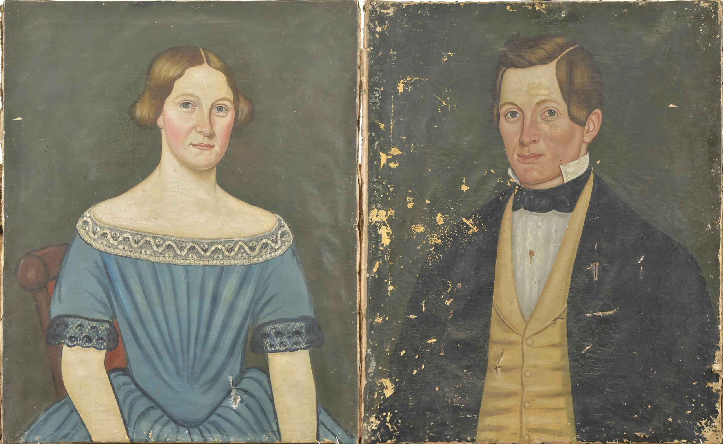 Appraisal: PAIR TH C AMERICAN SCHOOL FOLK PORTRAITS Ca New England