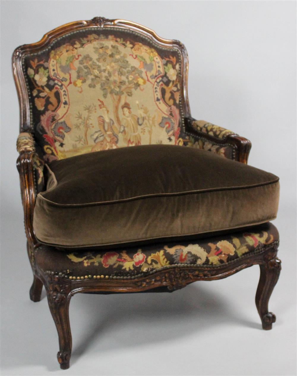 Appraisal: LOUIS XV STYLE BERGERE WITH TH CENTURY NEEDLEWORK UPHOLSTERY floral