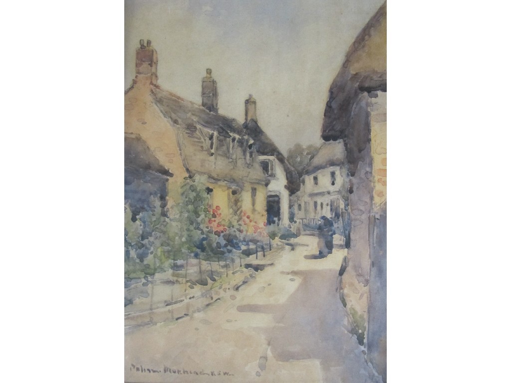 Appraisal: JOHN MUIRHEAD RSW - THATCHED COTTAGES WITH FIGURE ON A