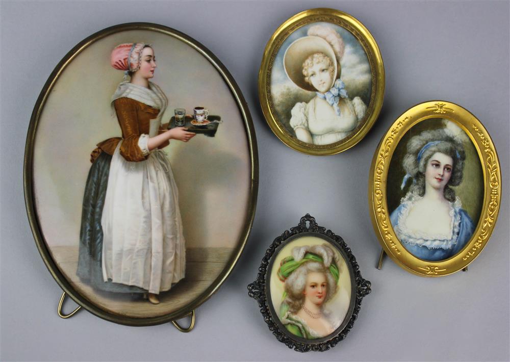 Appraisal: GERMAN PORCELAIN PLAQUE OF LA BELLE CHOCOLATIERE AND THREE PORTRAITS