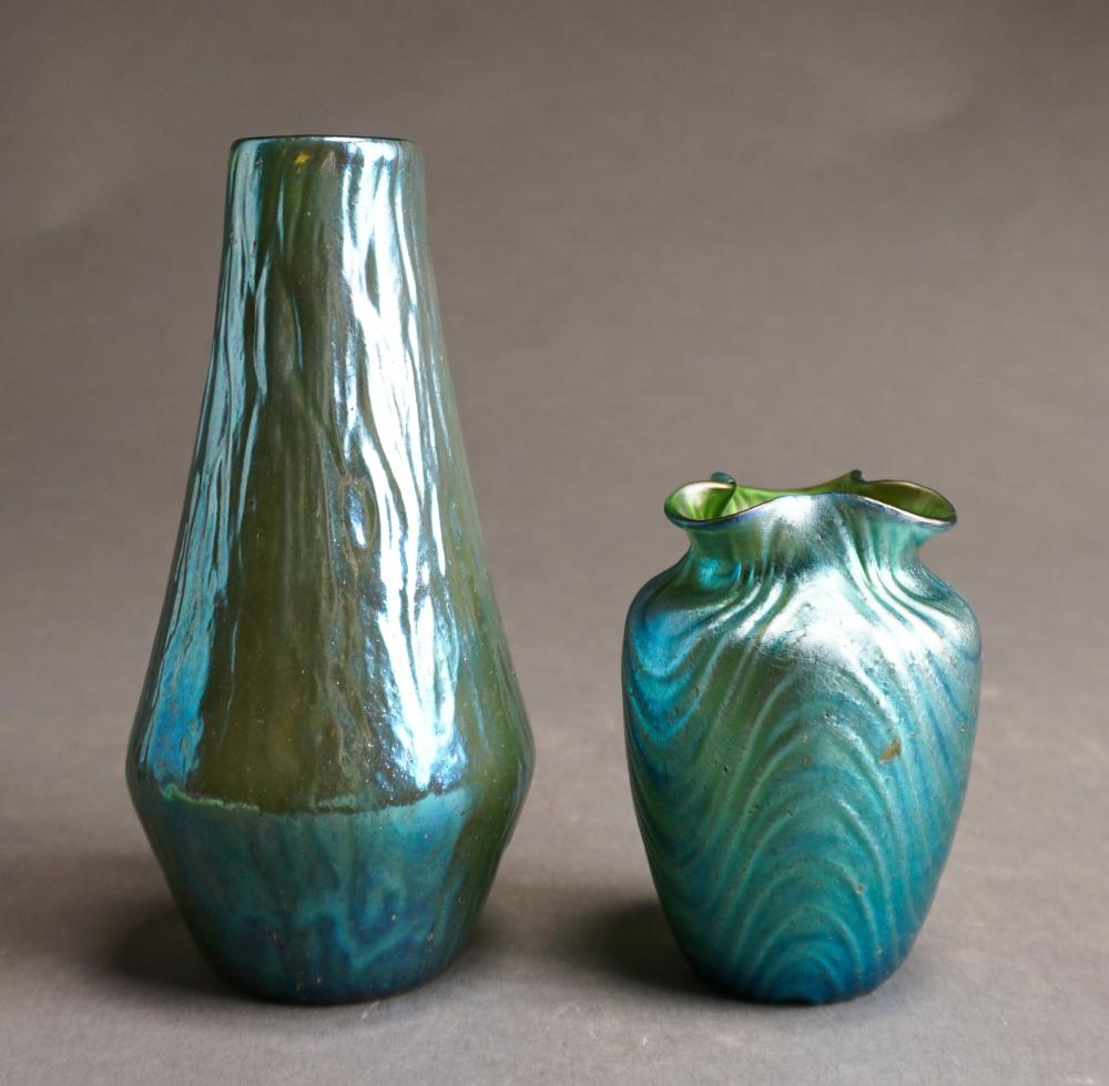 Appraisal: Two Loetz Blue-Green Iridescent Glass Vases H of taller in