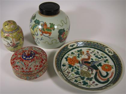 Appraisal: Four Chinese famille rose porcelain table itemsComprising a charger two