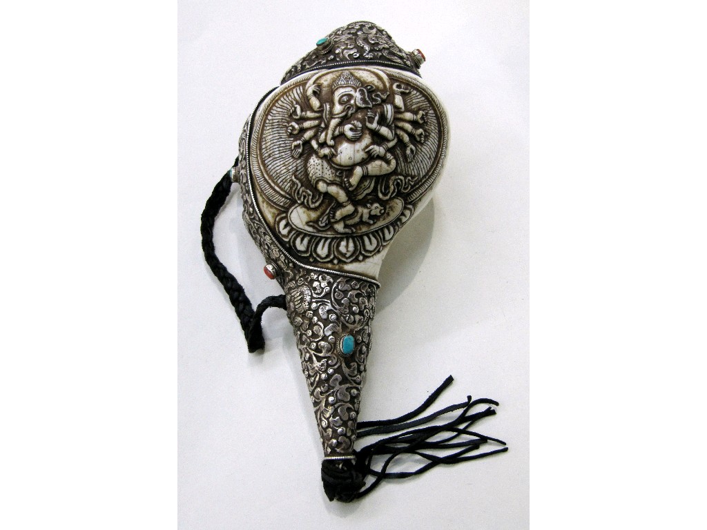 Appraisal: Inlaid silver mounted ceremonial carved shell horn