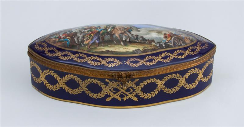 Appraisal: S VRES STYLE GILT-METAL-MOUNTED PORCELAIN NAPOLEONIC SCENIC BOX With gilt