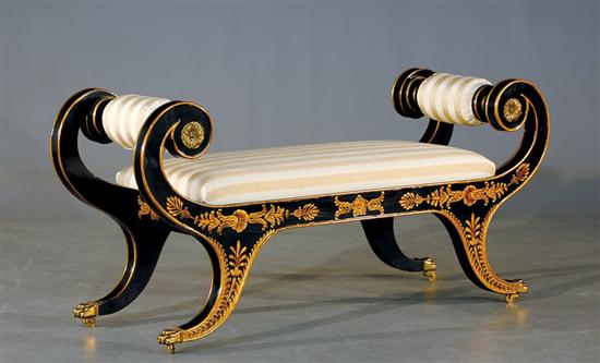 Appraisal: Pair Neoclassical style black lacquer benches th centurybench seat flanked