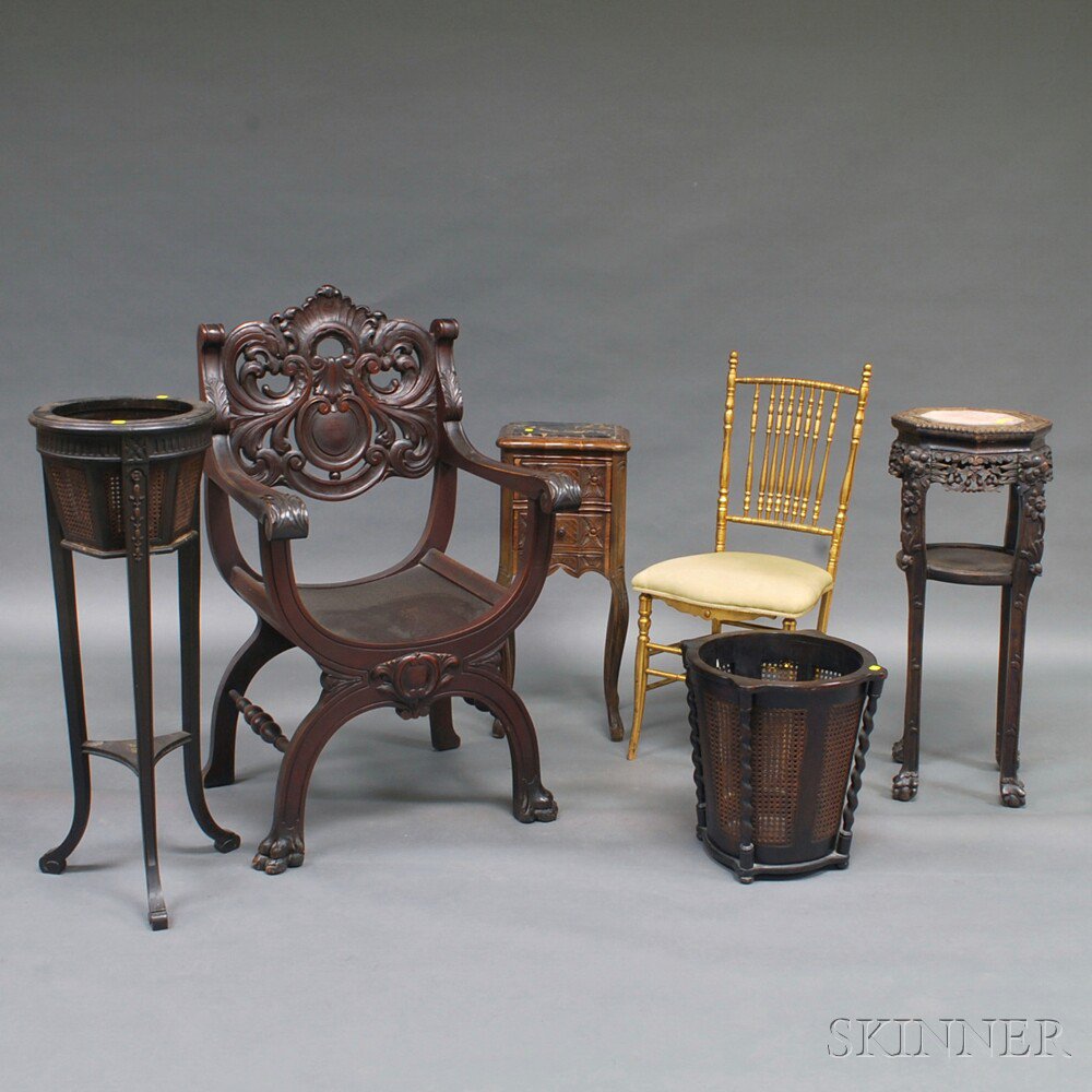 Appraisal: Group of Chairs and Stands a carved Savonarola chair a