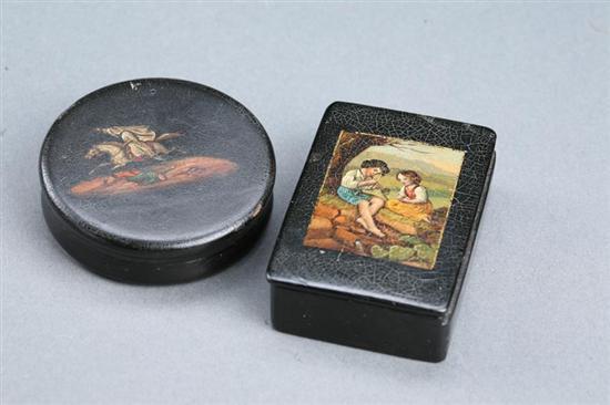 Appraisal: TWO DECORATED SNUFF BOXES European th century lacquered papier mache