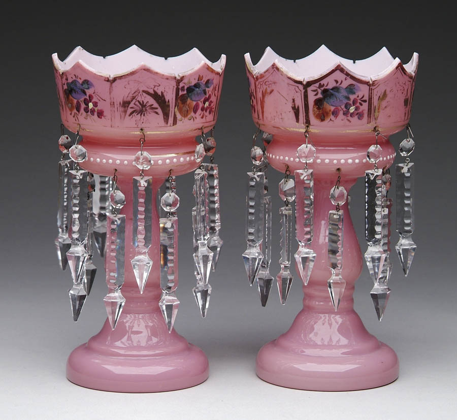 Appraisal: PAIR OF VICTORIAN DECORATED LUSTRES Beautiful Victorian lustres are pink