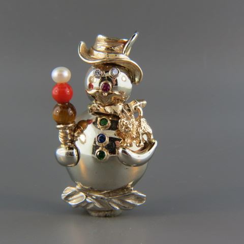 Appraisal: k Gold Figural Snowman Brooch diamond eyes ruby nose emerald