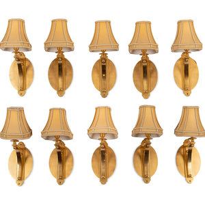 Appraisal: A Set of Ten Brass Single-Light Sconces with Custom Shades