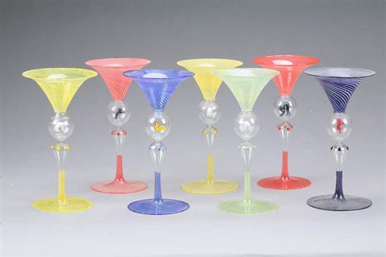 Appraisal: SEVEN BLOWN GLASS WINES Probably Venetian Feather light stemware with