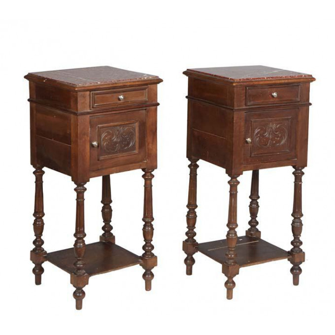 Appraisal: Pair of Henri II Style Carved Walnut Marble Top Nightstands