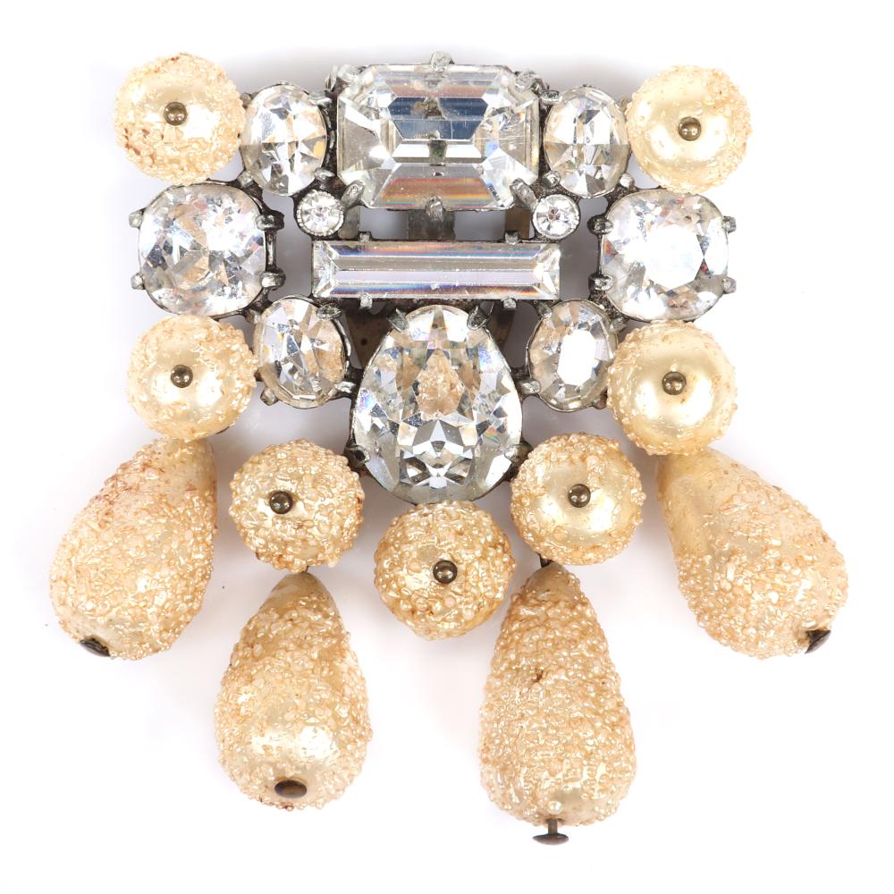 Appraisal: EISENBERG ORIGINAL PEARL AND RHINESTONE DRESS CLIP WITH UNIQUE FLOCKED