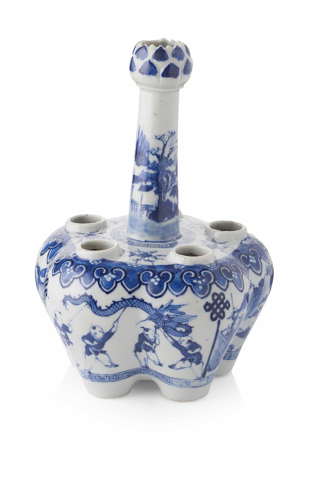 Appraisal: BLUE AND WHITE TULIP VASE QING DYNASTY of lobed five-sided