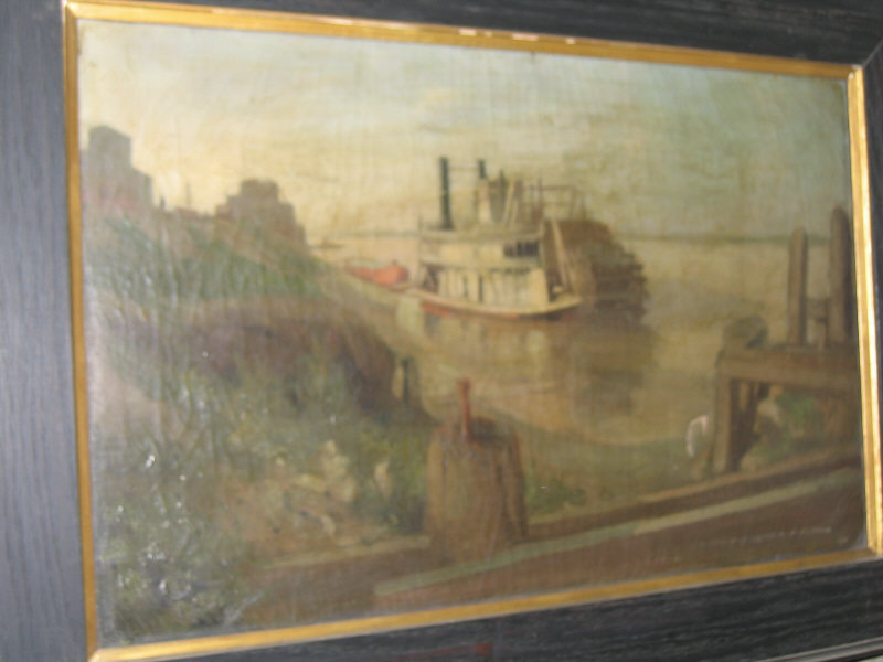 Appraisal: MUTRUX TH CENTURY Riverboat seen from the banks oil on