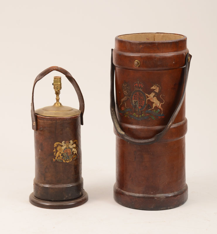 Appraisal: Two English Leather Artillery Shell Cases One Mounted as a