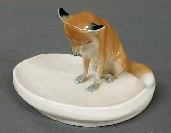 Appraisal: Meissen porcelain ashtray with a seated fox figure h